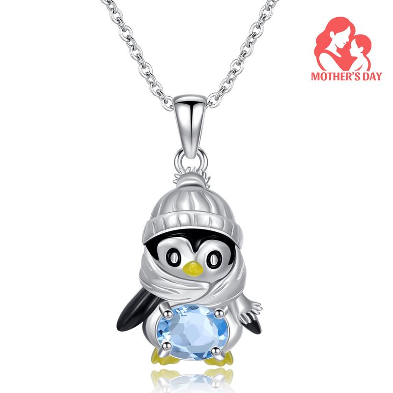 Penguin Necklace for Women 925 Sterling Silver Genuine Swiss Blue Topaz Lovely Ocean Sea Animal Pendant Ladies Jewelry Easter Birthday Gifts for Mother