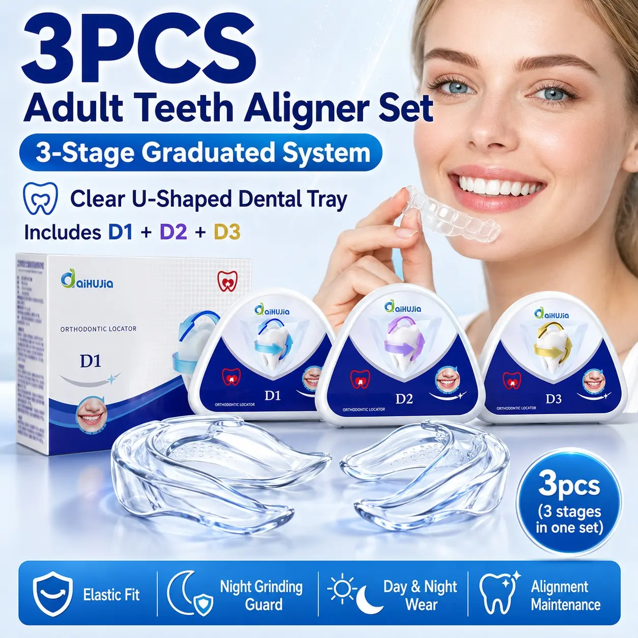 3pcs Adult Teeth Aligner Set with 3-Stage Graduated System, Clear U-Shaped Dental Tray, Elastic Fit Technology for Comfort, Overbite and Underbite Correction, Night Grinding Mouth Guard, for Sleep Teeth Protection, and Alignment Maintenance