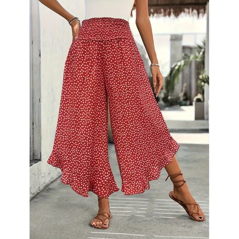Women's Floral Print Wide-Leg Pants - Multi-Size, Elegant Ruffle Hem for Summer Vacation Casual Outfits