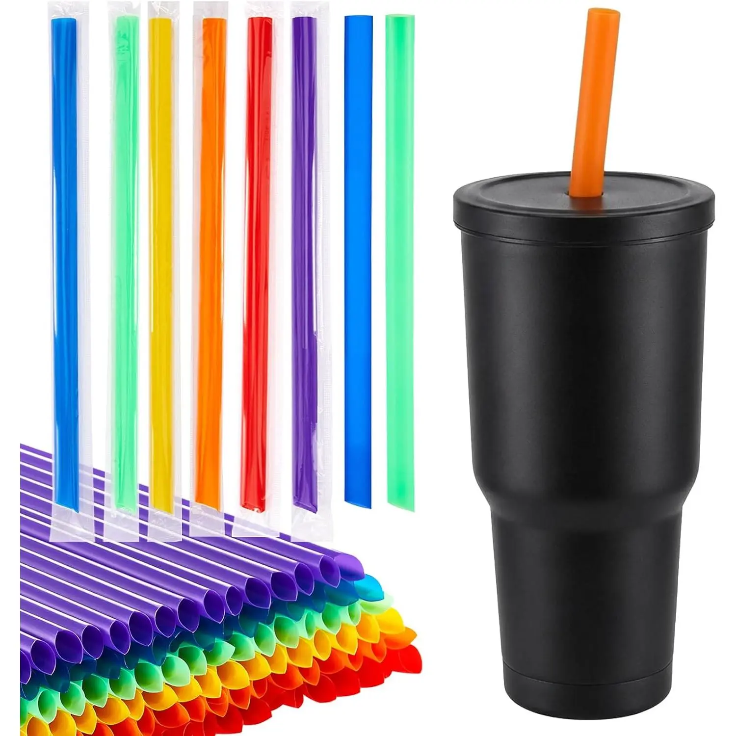 100 count 11" Disposable  Smoothie Straws for 30 oz Tumbler Extra Long 0.39" Wide-mouthed Large Plastic Straws for Cup Tumbler, Individually Wrapped for Large Bottle (multicolor)