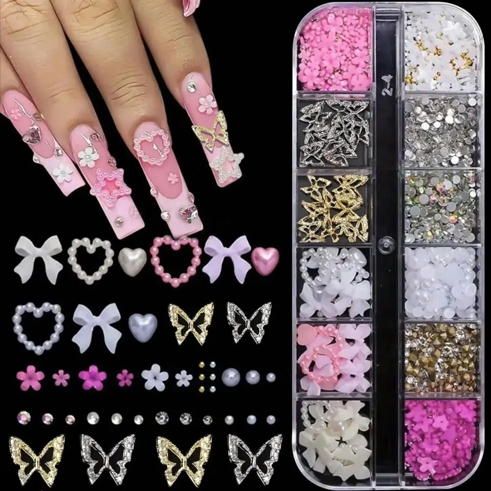 Mixed Nail Art Charms Kit, Multi-Grid Storage Box With Nail Rhinestones, Sequins & 3D Metal Decor, Assorted Floral, Butterfly & Star Nail Accessories For Salon And DIY Home Manicure