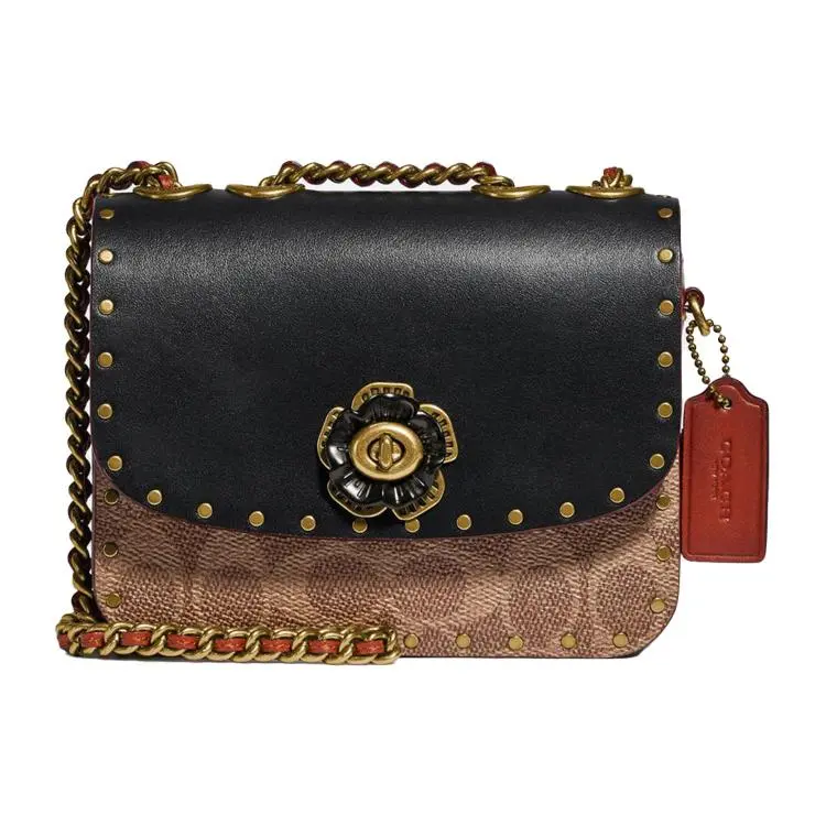 Coach Madison 16 Camellia Twist Lock Crossbody Bag for Women – Black and Signature Canvas with Calfskin