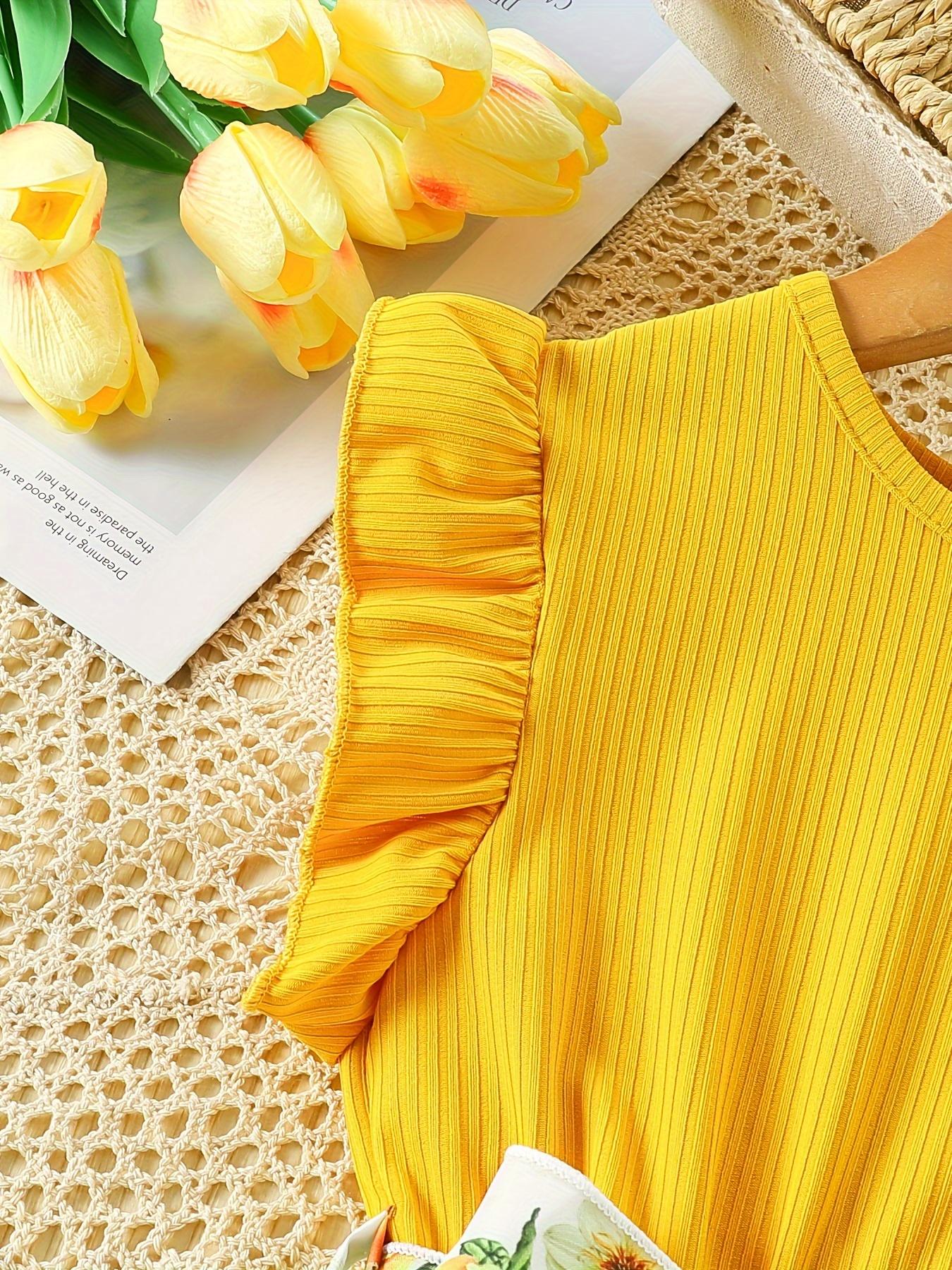 Girls' Patchwork Yellow Romantic Floral Print Dress with Belt, Elegant Princess Skirt Party and Evening Wear, Soft, Suitable