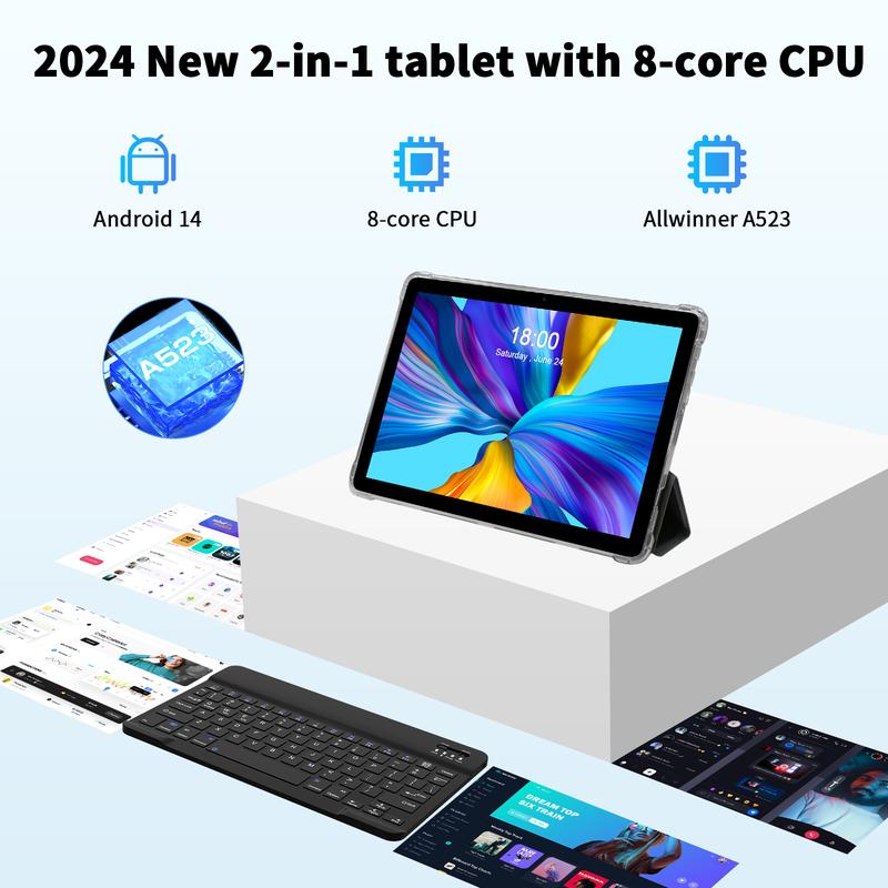PRITOM 2026 10.1 Inch Android 14 Tablet Set 16GB(4+12)RAM 128GB ROM Dual Camera Bluetooth Keyboard Mouse Gift for Back To School