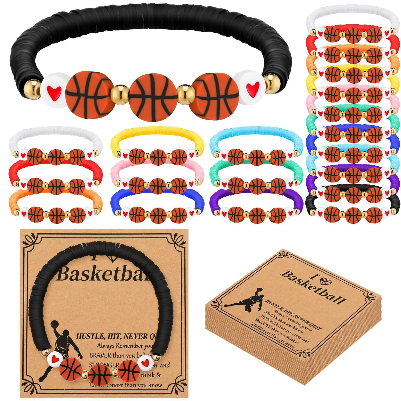 Sports Clay Bead Bracelets Set (20/24 Pcs) - Stackable Stretch Bracelets with Basketball, Soccer, Football, Apple Designs - Back to School Costume Jewelry Gifts for Students