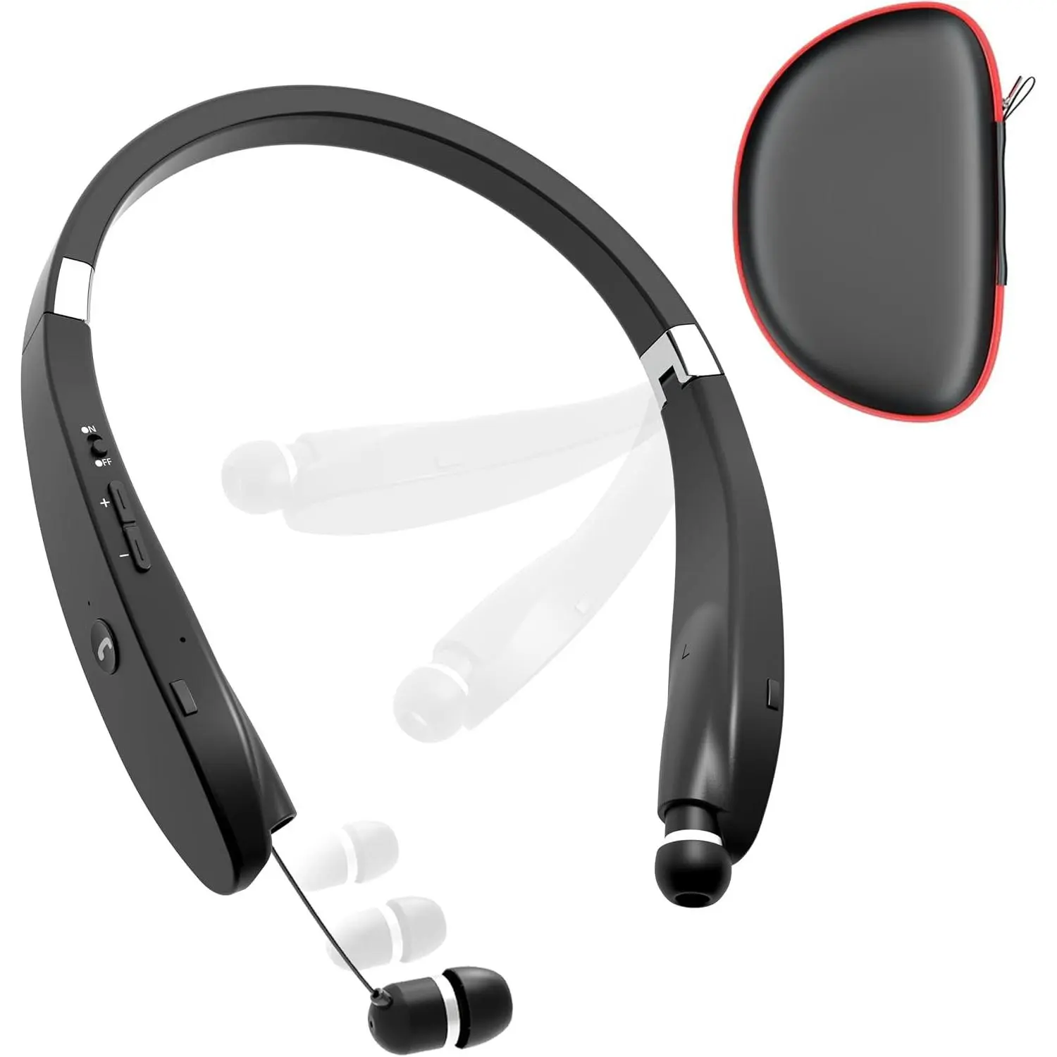 Bluetooth Neckband Headphones, Foldable Lightweight Wireless Neck Headset with Retractable Earbuds, Noise Cancelling Sweatproof Stereo Earphones with Mic & Carrying Case (Black)Gift