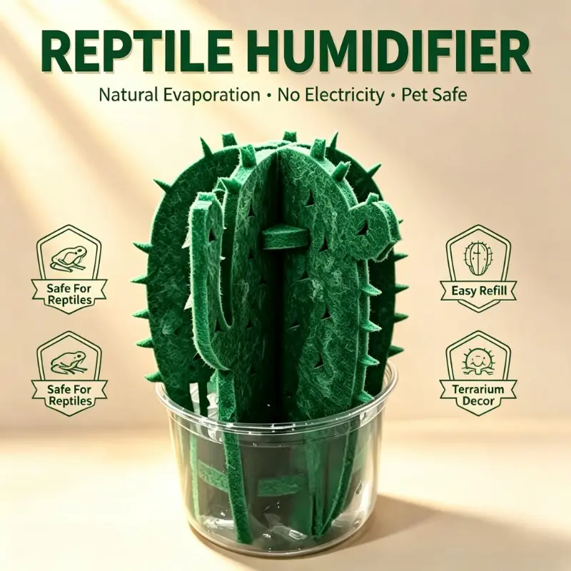 Natural Evaporation Reptile Cactus Humidifier, Plug-Free No-Mist Pet Water Dish, Reusable Felt Cloth Humidity Decor, Ideal for Reptiles