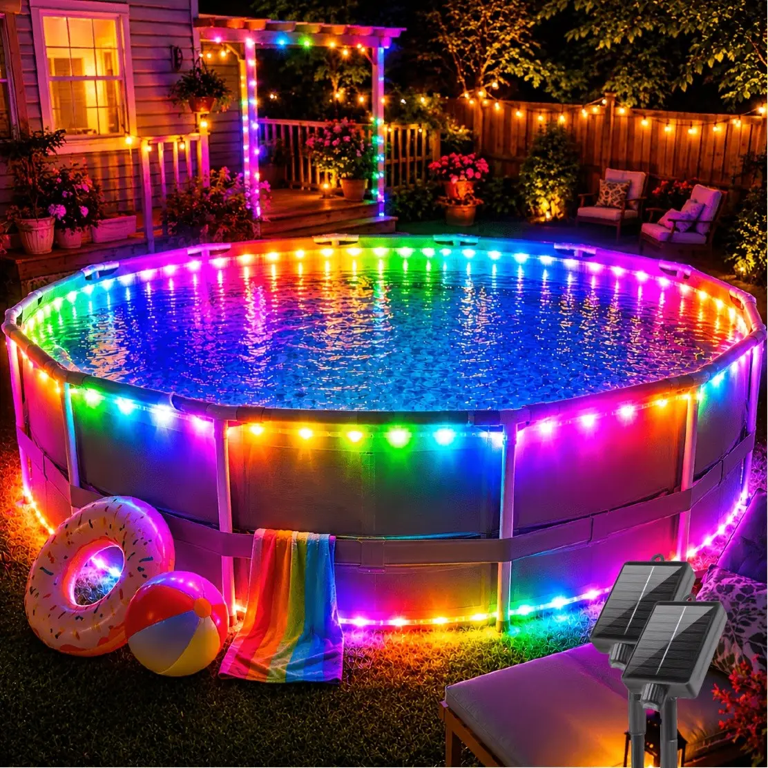 2-Pack Swimming Pool Lights, Solar Rope Lights, 120LED 40FT Solar String Lights Outdoor, 4 Lighting Modes Solar Powered Strip Trampoline Light for Outside Garden Tree Christmas Yard Patio Pool Decor, Halloween Christmas Decor