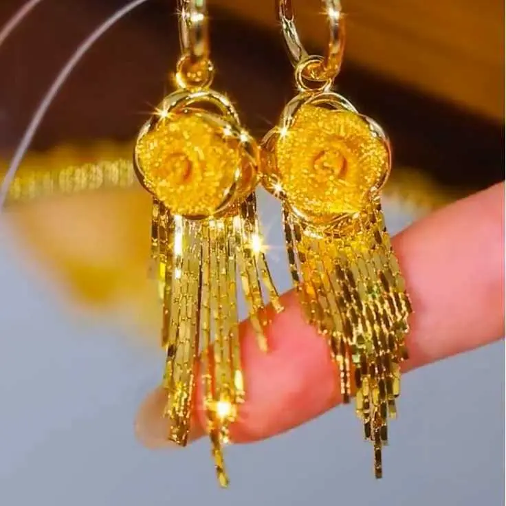 French-Style Luxury Rose Motif Tassel Ear Cuffs - Copper Alloy Dangling Earrings, Fashion Costume Jewelry DL260804C01