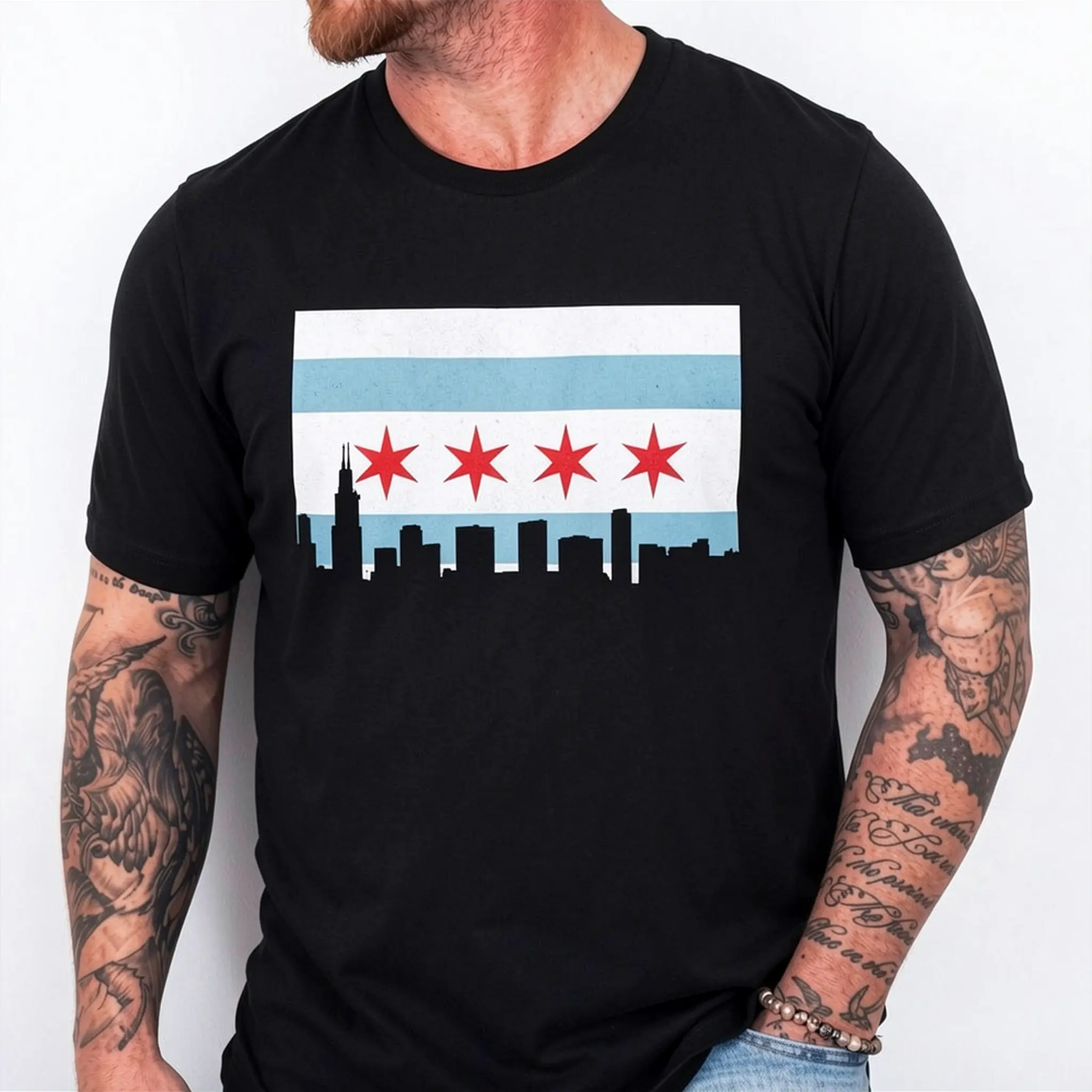 Chicago Shirt - Vintage Chicago Flag Theme Skyline Summer Shortsleeve Cotton T-Shirt