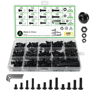 439-Count Metric Bolt and Nut Kit - Grade 10.9 Alloy Steel M3/M4/M5 Hex Socket Button Screws with Lock, Flat Washers, 3 Wrenches, 12mm×10,16mm×29,20mm×9 Sizes for Engineering, DIY Projects