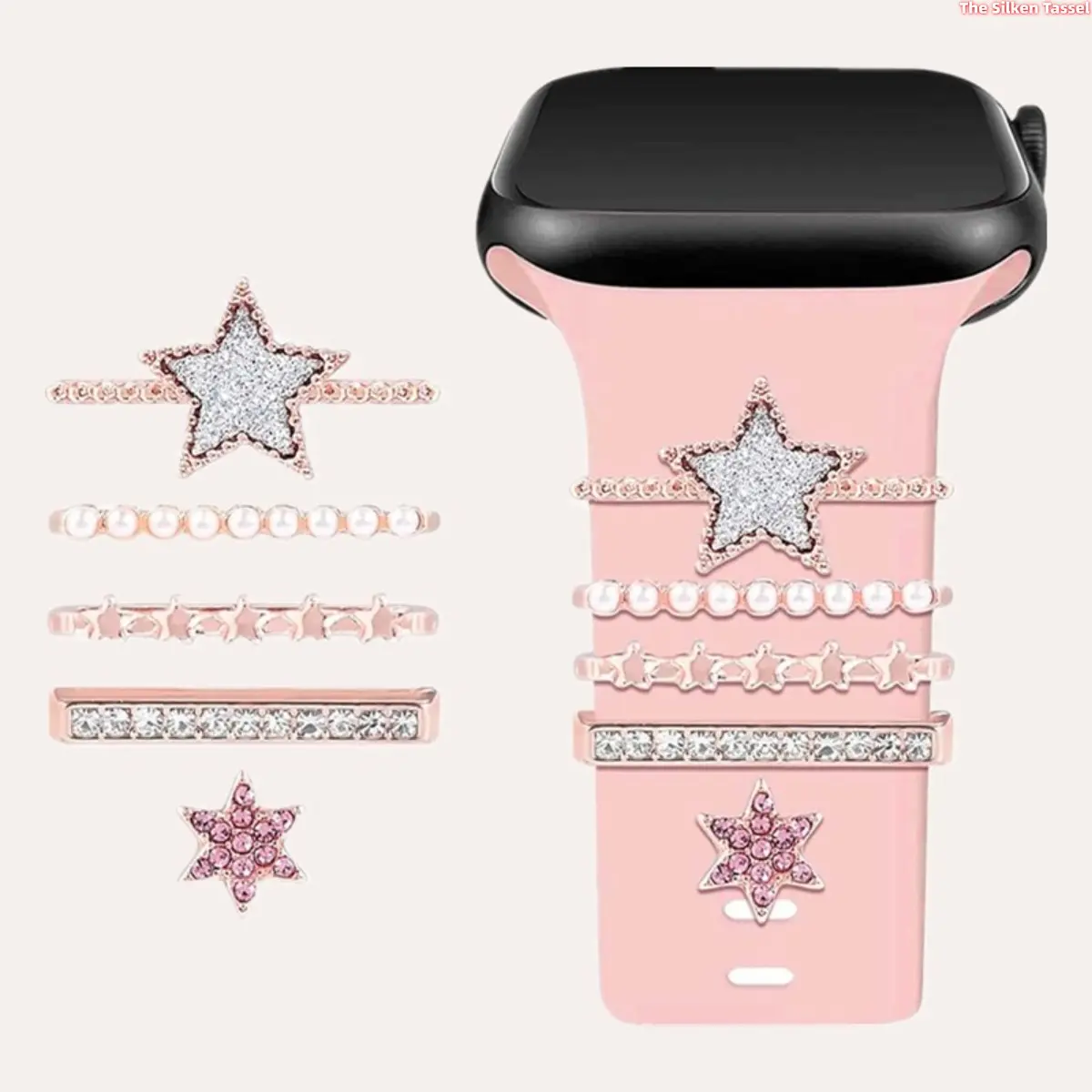 5 Pack Bling Star Rhinestone Pearl Watch Band Charms for Apple Watch Silicone Strap, Rose Gold Metal Decorative Ornament Studs Fashion Jewelry Accessory for Women tiktokshopbacktoschool