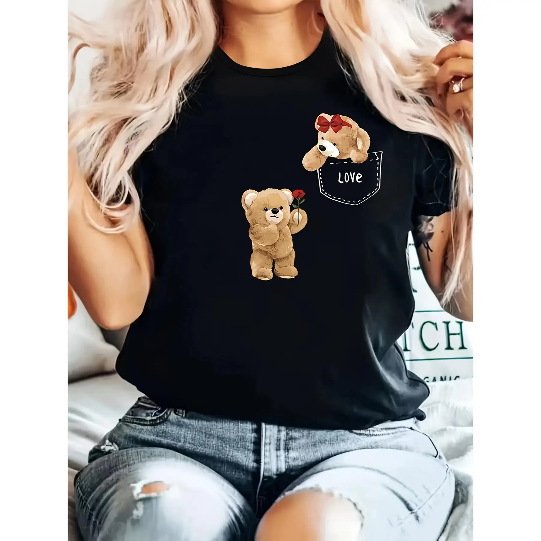 Women's Black Cute Teddy Bear LOVE Graphic T-Shirt - Soft Round Neck Short Sleeve Casual Top, Machine Washable All-Season Comfort Fit, Teddy Bear T Shirt, Durable Fabric Shirt