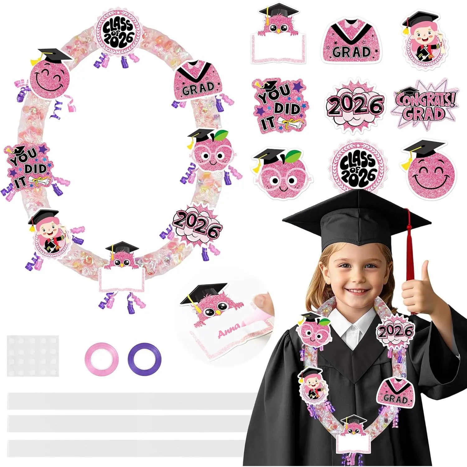 Candy Leis for Graduation 2026 - Pink Graduation Leis 2026 Candy Lei Tubing Graduations Lei Accessories Candies Lei Making Kit Supplies with Ribbon DIY Leis Kindergarten Graduate Party Gift
