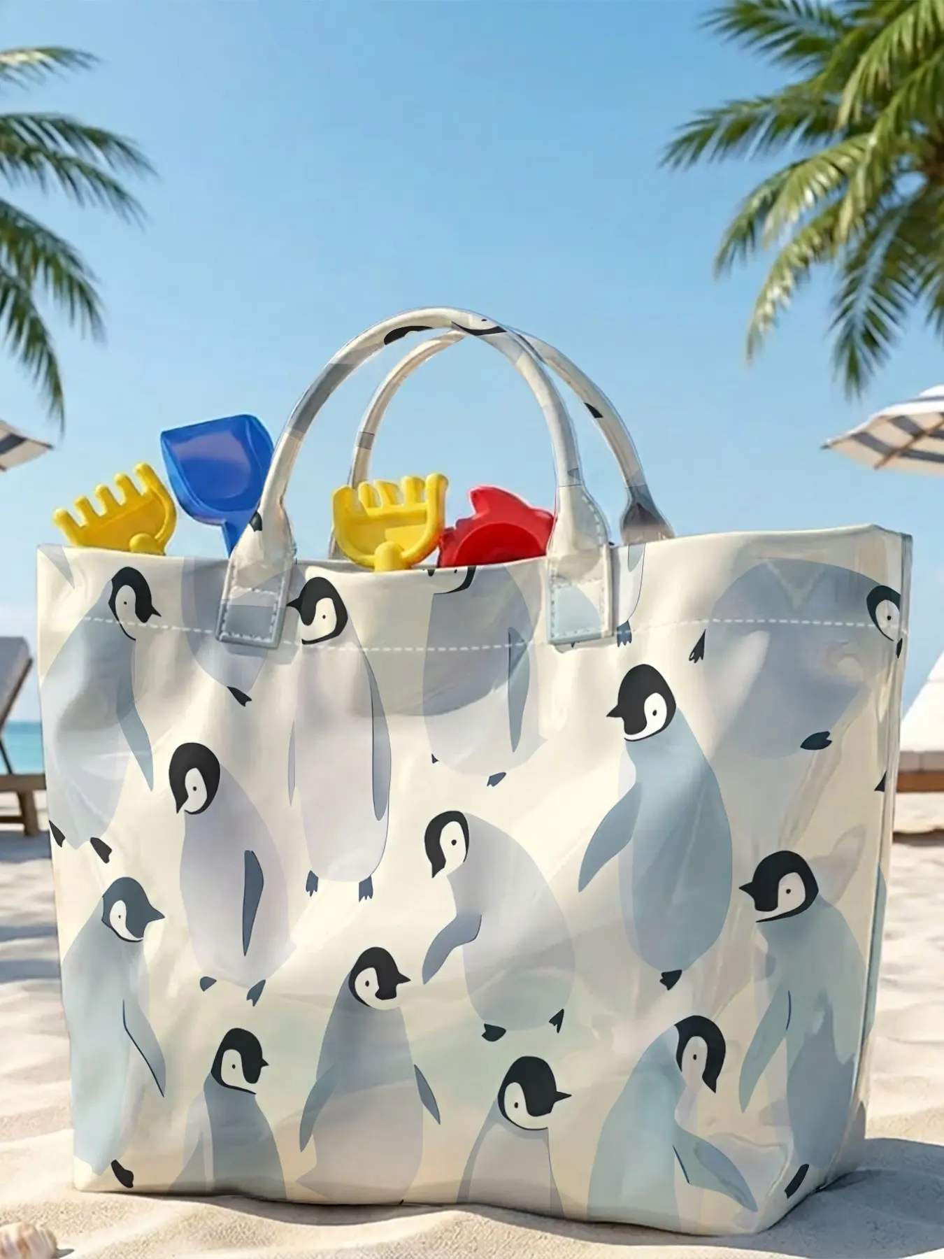 Fashion PVC Large Capacity Women's Tote Bag, Cute Penguin Print Handbag, Ideal for Daily Commute, Shopping, Travel, Phone & Wallet Use