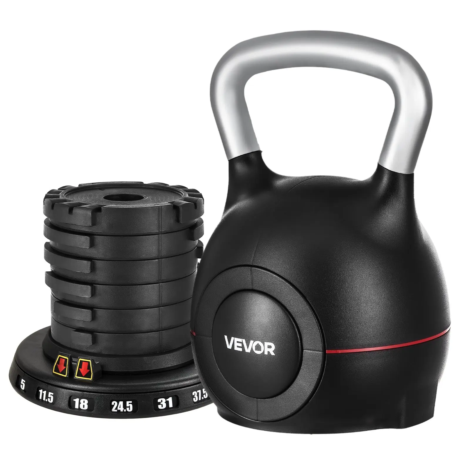 VEVOR Adjustable Kettlebell, 7 Weight Levels (5, 11.5, 18, 24.5, 31, 37.5, 44 lbs), Die-Cast Aluminum Alloy & ABS Material, for Grip Strength Training & Full Body Workout Cross-Training