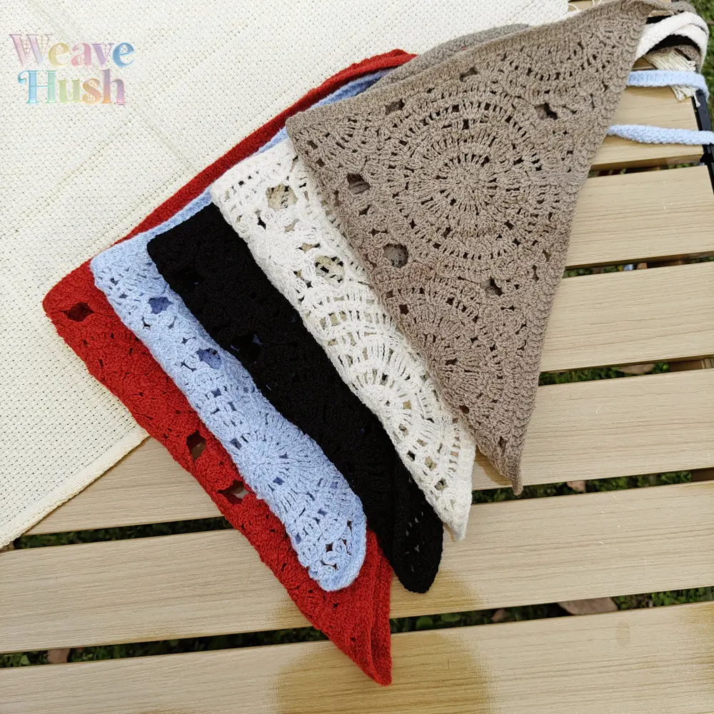 Women's 5-Pack Solid Crocheted Triangle Scarf Set - Vintage Wool Pastoral Bohemian Bag Accessories, Breathable Hollow-Knit Head Wraps, Soft Warm All-Season DIY Luggage Accents for Daily Casual Use, Triangle Shape, Crocheted Scarf, All-Season Use, Breathab