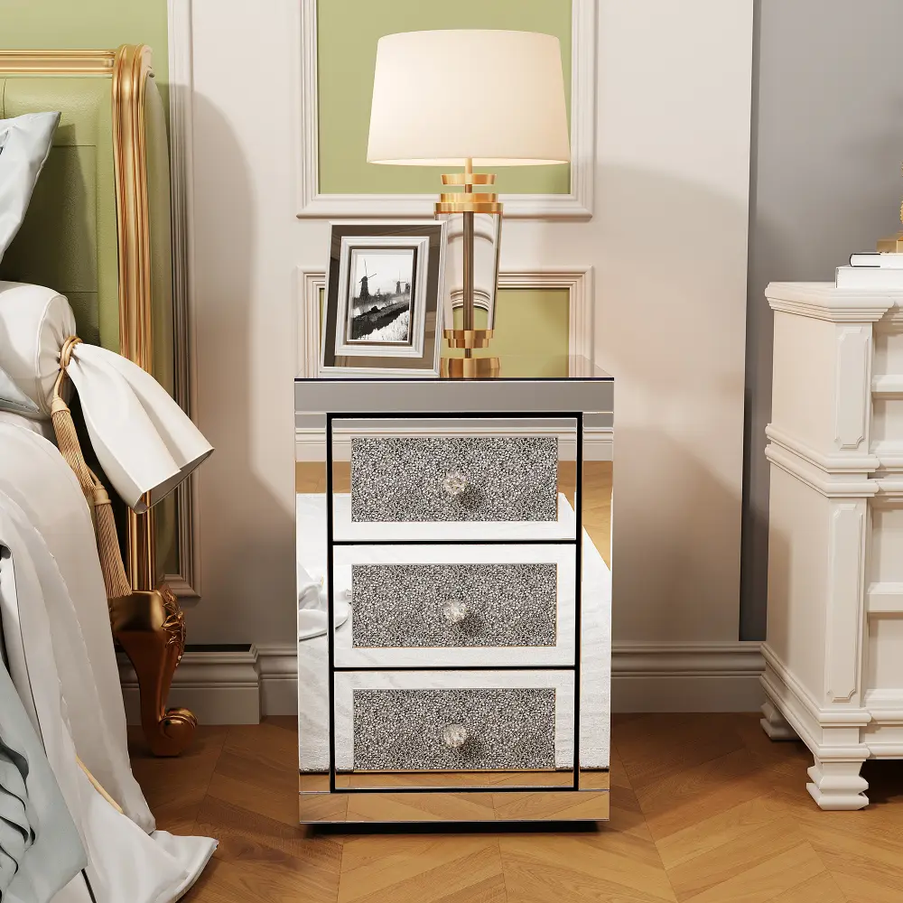 3-Drawer Mirrored Nightstand Bedside Table Glass Accent End Table Silver diamond furniture hallway table