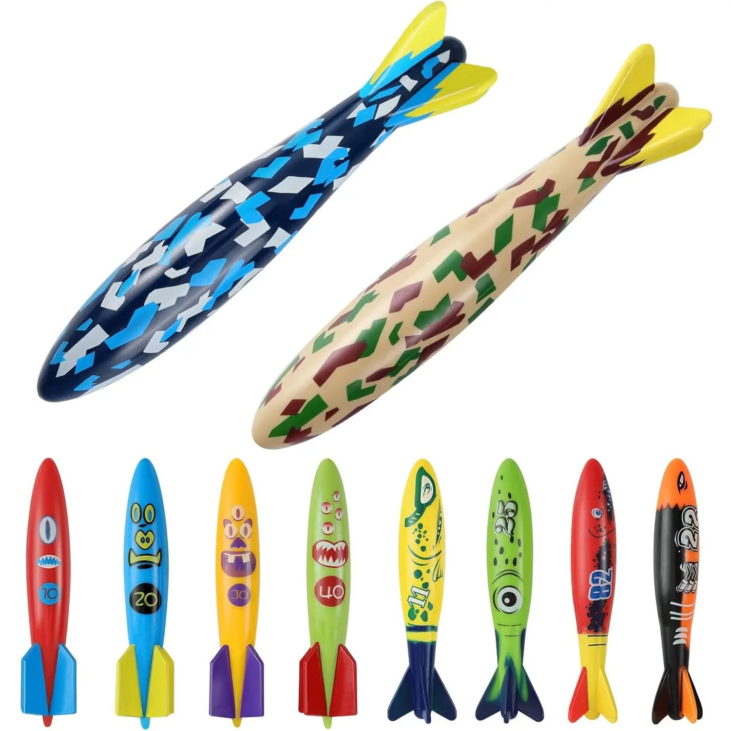 10 Pack Pool Torpedo Toys Set: 2 Large & 8 Small Diving Rockets for Kids Adults - Fast-Sinking Glider Toys for Swim Training, Underwater Games, Pool Party Favors, Beach Swimming Diving Practice