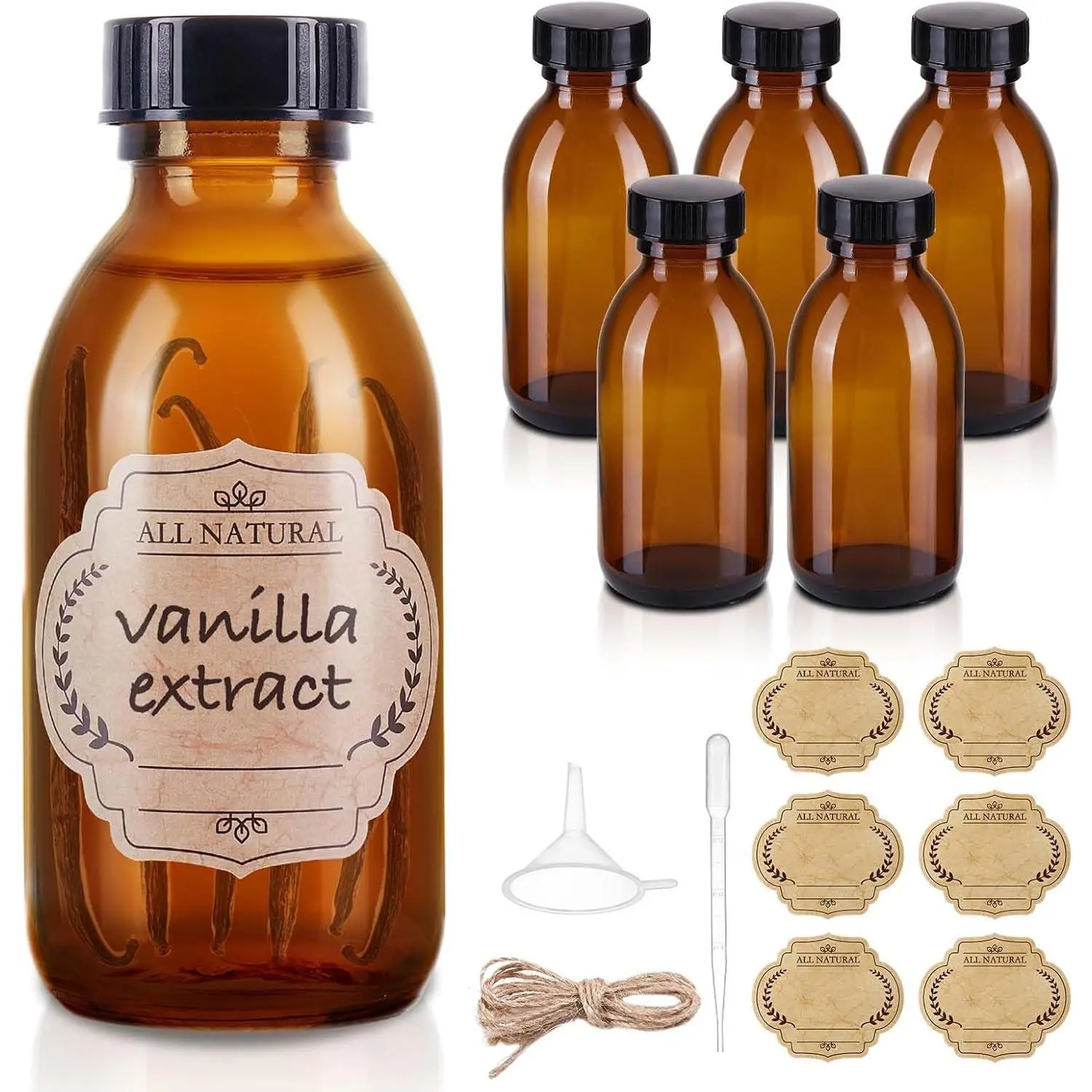 6 Pack 4 oz  Glass Bottle with , Small Glass Vanilla Extract Bottles for Homemade Vanilla Extract, Essential Oils, Juice, Potion, Syrup, Christmas, Holiday