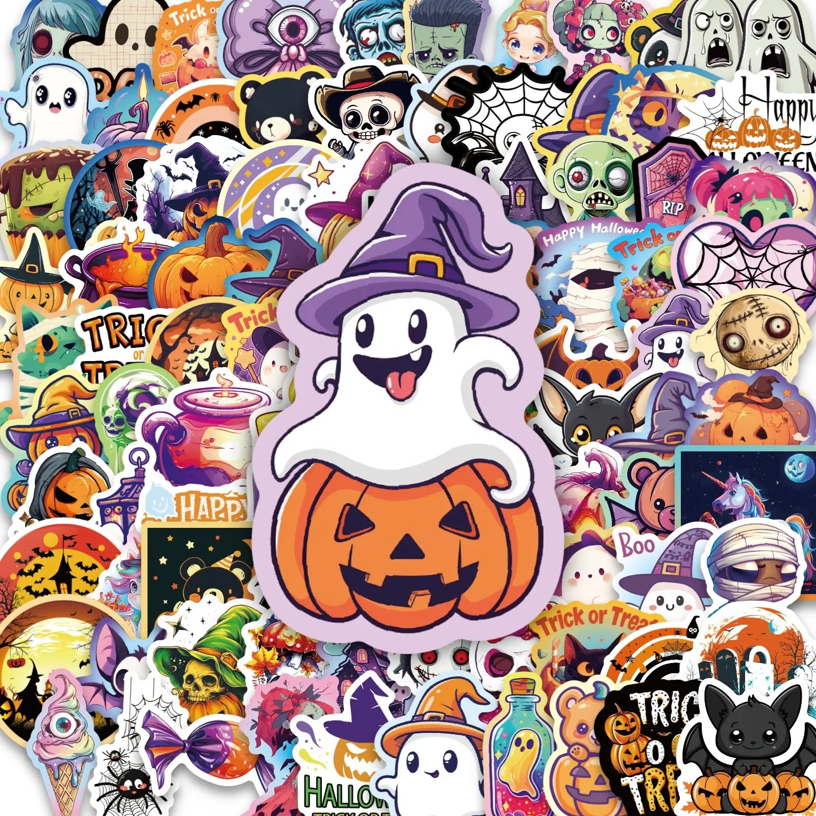 100pcs Halloween Ghost Pumpkin Skull Stickers Pack, Waterproof PP Decals for Phone Case, Cup, Laptop, Gift Wrapping, Home Decor