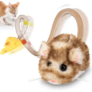 Migipaws Interactive MigiMouse Cat Toy 360° Rolling & Spin with Mesh Plastic Tail for Indoor Cats Smart Motion Sensor, Realistic Squeak, Rechargeable Plush Kitten Toy(Brown Long)