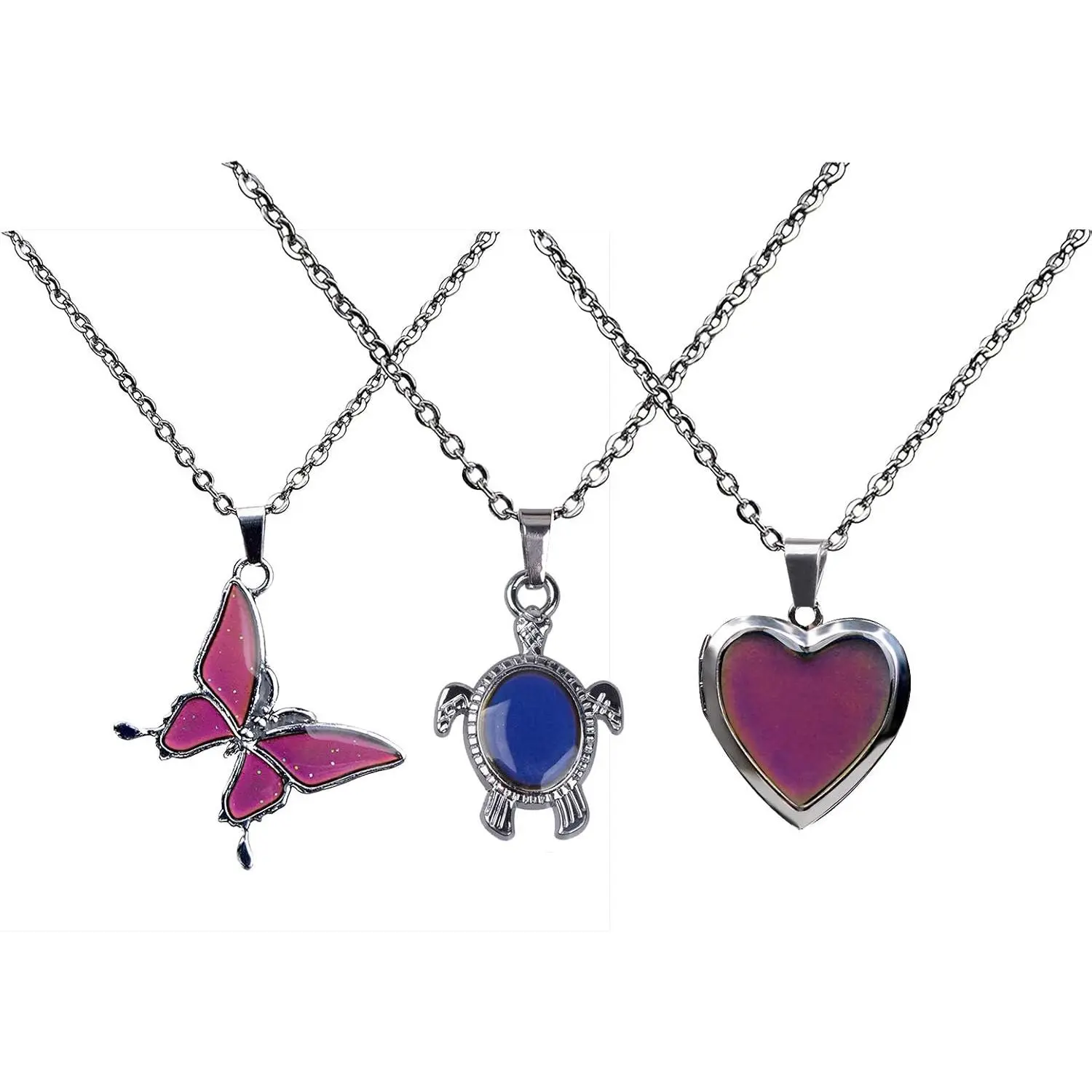 3 count Temperature Sensing Color Changing Mood Necklace Set Turtle Butterfly Love Heart Shape Pendant Control Emotion Feeling Romantic Stainless Steel Chain