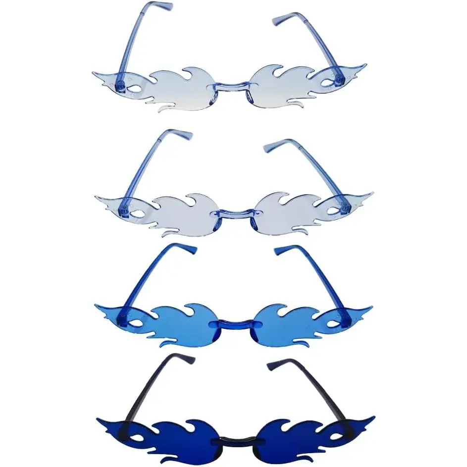 4 count Flame Fire Sunglasses, Rimless Design, Party Glasses for Men Women, Blue