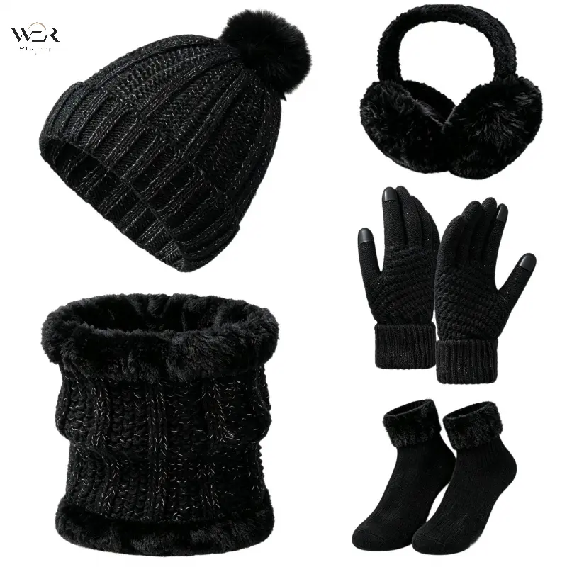 Unisex 5‑Piece Winter Warm Knitted Beanie Set, Hat Scarf Gloves Earmuffs With Pom‑Pom Decor, Soft Yarn Cold‑Weather Accessory Kit, Ideal for Outdoor Activities and Daily Cold‑Season Wear Occasions
