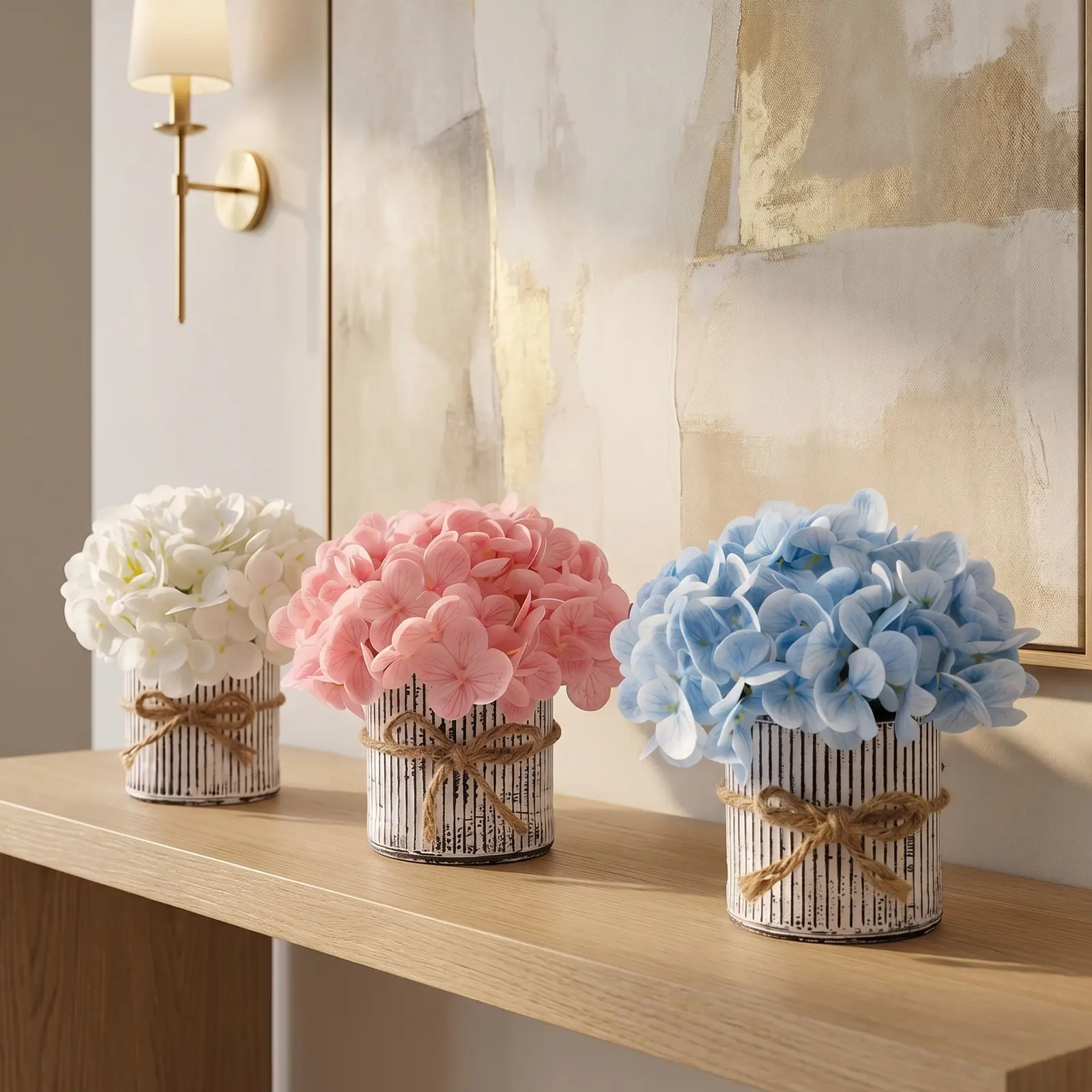 6pcs Pre-Made Artificial Deep Pink Rose & Hydrangea Floral Arrangements with Rustic Metal Pot - Home Decor Flowers, Wedding Table Centerpieces, Room Decor