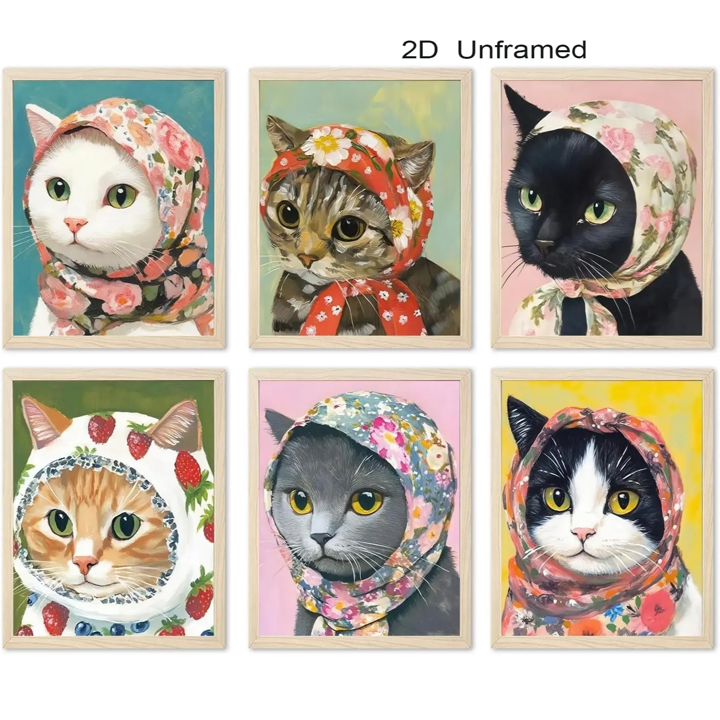 6-Piece  Funny Cat Poster Set, Whimsical Cat Wall Art, Cat Decor for Eclectic Style Enthusiasts, Unique Animal Canvas Prints, Aesthetic Decor for Bedrooms and Living Rooms    Frameless