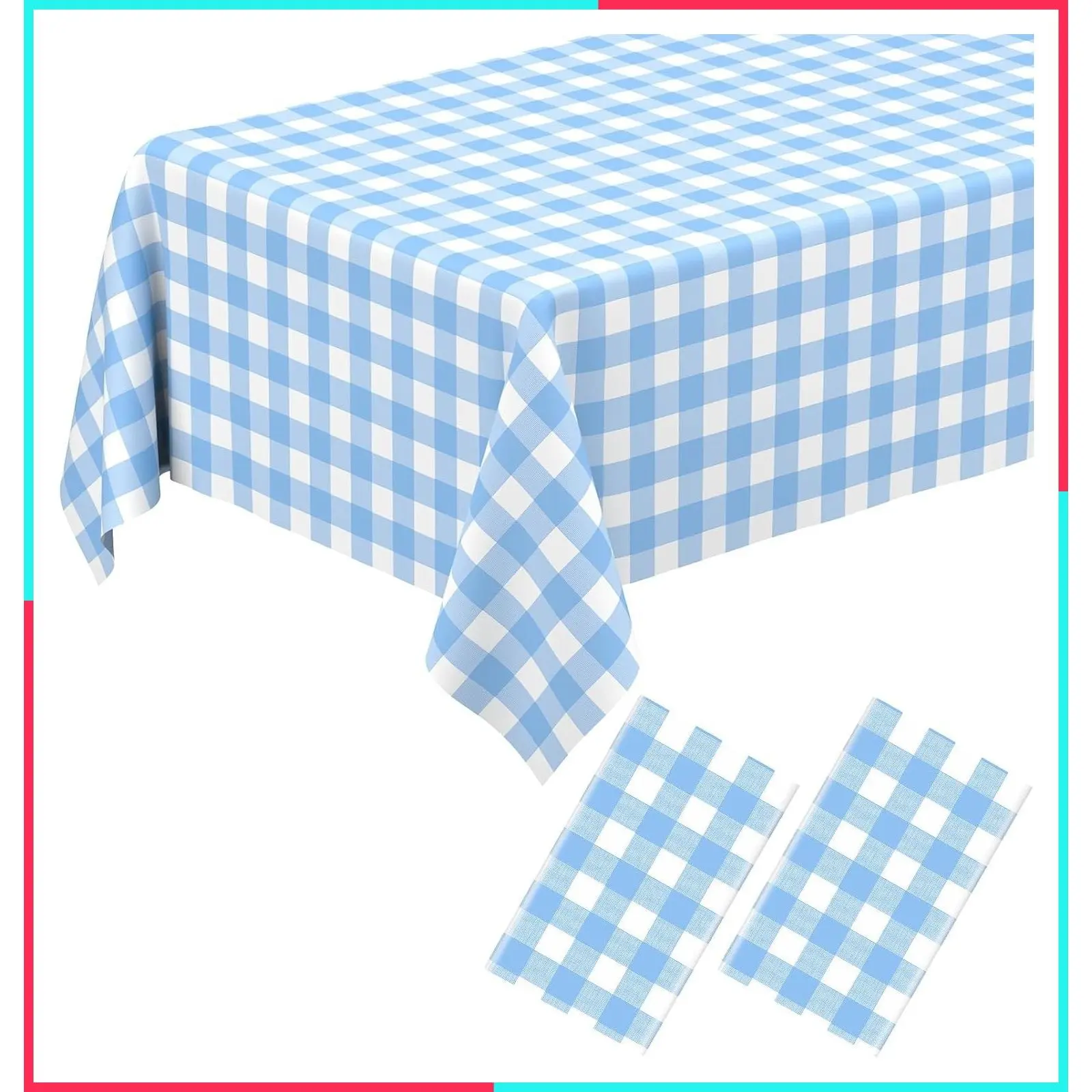 2 Pack Light Blue Gingham Tablecloth Rectangular Pale Blue White Checkered Disposable Plastic Plaid Table Cover for Parties Outdoor Picnic Birthday Wedding Camping 54 x 108 Inch