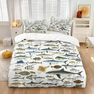 Vintage Ocean Fish Chart Duvet Cover Set, 1 Quilt Cover & 1 or 2 Pillowcases, White Base Retro Hand-Drawn Various Marine Fish Specimen Print, Soft Breathable Microfiber Fabric, Nautical Style Bedding for Coastal Bedroom Daily Home Decor