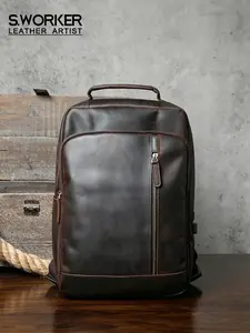 Swok Business Casual Backpack, Top Grain Leather Dual Shoulder Bag, Fashionable Crazy Horse Skin Genuine Leather, Versatile and Stylish