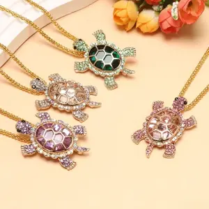 Minimalist Ocean Style Turtle Charm Cuban Link Necklace, 14K Gold Plated Thin 3mm Chain Available In 3 Length Sizes, Multiple Color Gem Inlay Fashion Stackable Jewelry, Tarnish Resistant All-Match Casual Travel Accessory, Thoughtful Summer Wins Gift For F