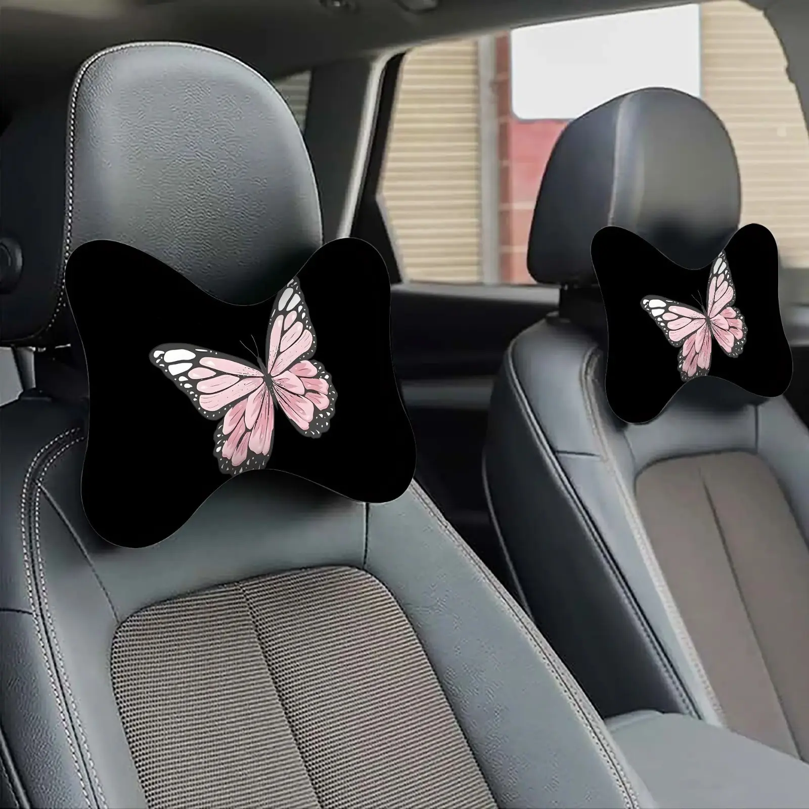 2-Pack Petal Pink Butterfly Car Headrest Pillows, Car Neck Support Cushions, Driver Seat Headrests, Automotive Interior Additions, Travel