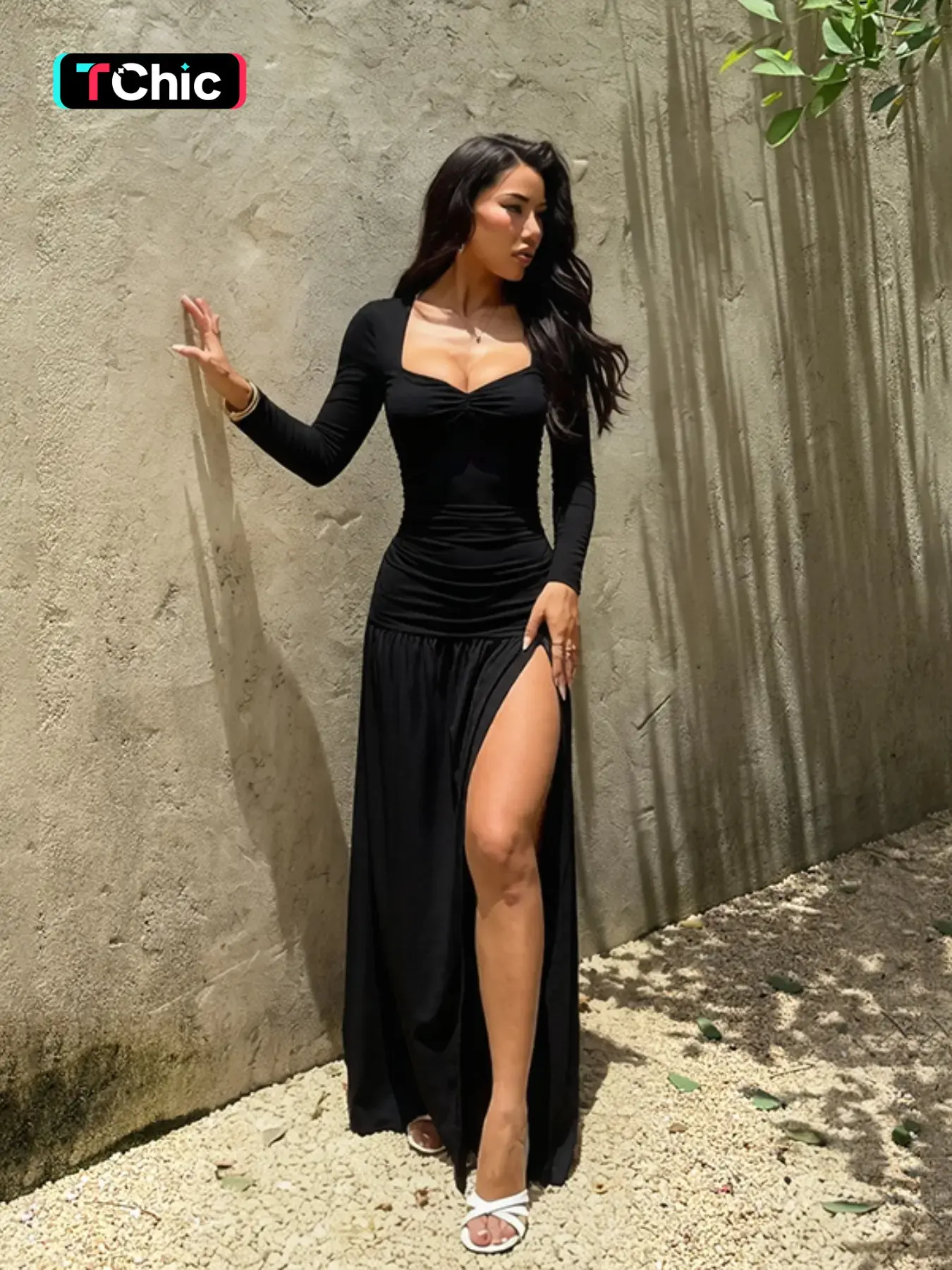 Elegant Slit Hem Pleated Long Sleeve Dress, Elegant Women's Fashion, Perfect for Casual & Formal Occasions, Comfortable & Stylish Design