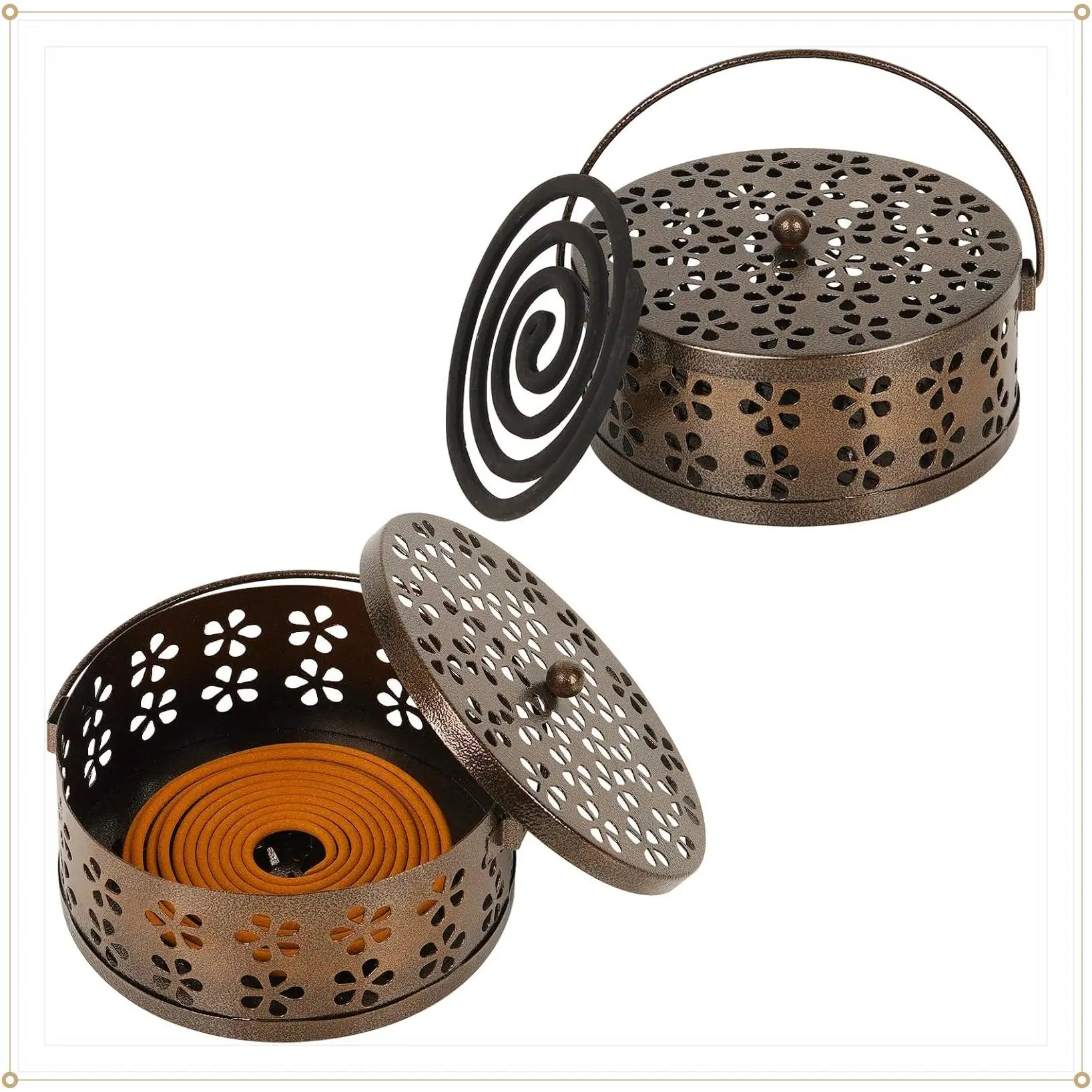 2 Pack Portable Iron Mosquito Coil Holder with Handle, Bronze - Round Heat-Resistant Incense Holder for Home, Office & Outdoor UseGift