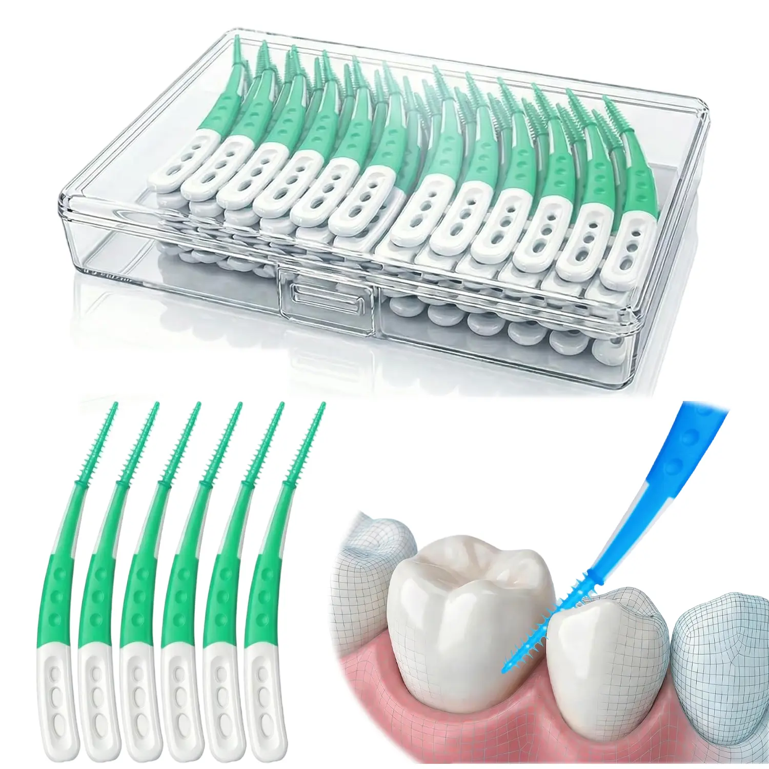 96 Count Disposable Dental Picks, Soft Rubber Curved Interdental Cleaners with Portable Storage Case, Green Travel Tooth Floss Picks for Daily Oral Hygiene Care