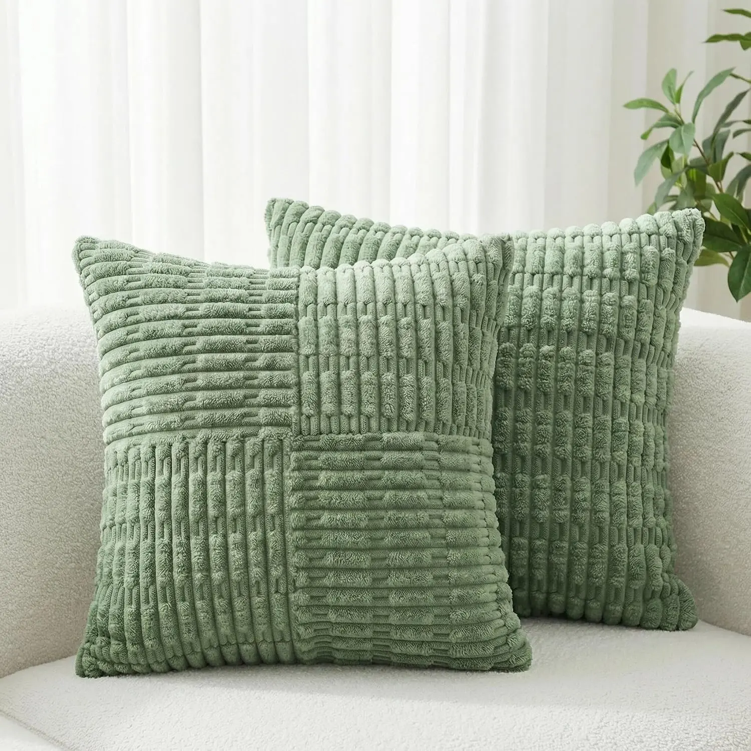 Sage Green Decorative Corduroy Throw Pillow Covers 18x18 Set of 2 | Reversible Textured Pillow Covers for Couch Sofa Bed Living Room, Soft Boho  Accent  Decor,  Zipper
