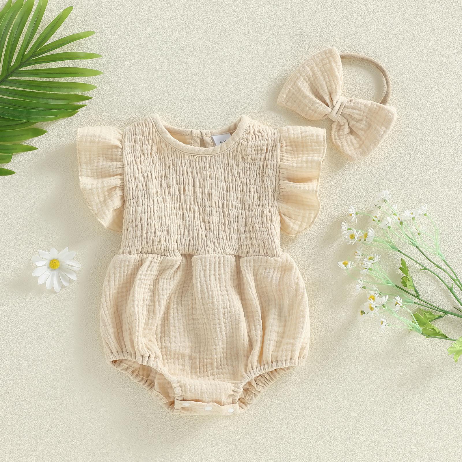 Newborn Baby Girl Romper Ruffle Sleeve Solid Smocked Bubble Romper Jumpsuit Bow Headband Cute Infant Summer Clothes