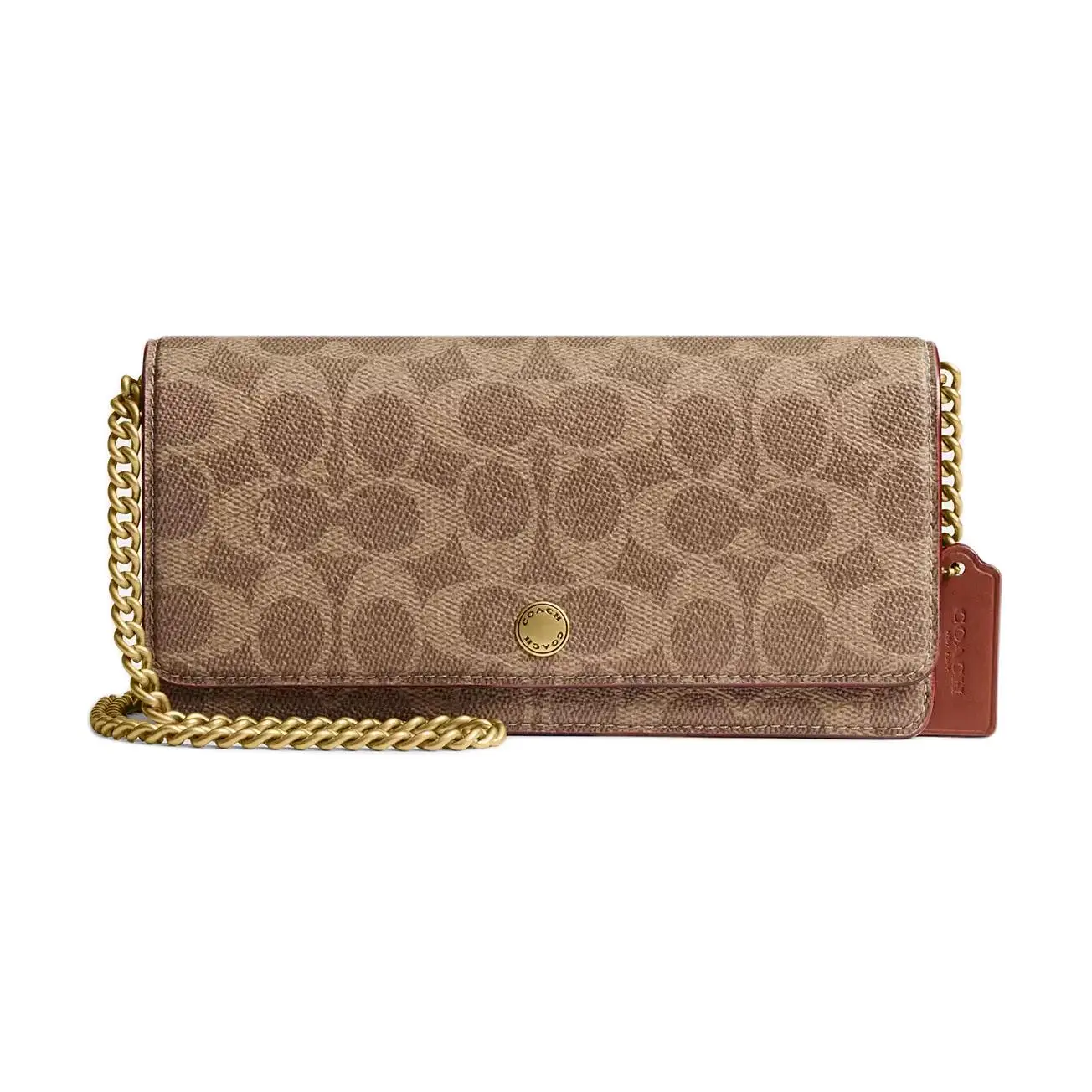 Coach Brass-Tone Logo Snap Closure Coated Canvas Wallet for Women in Tan and Caramel