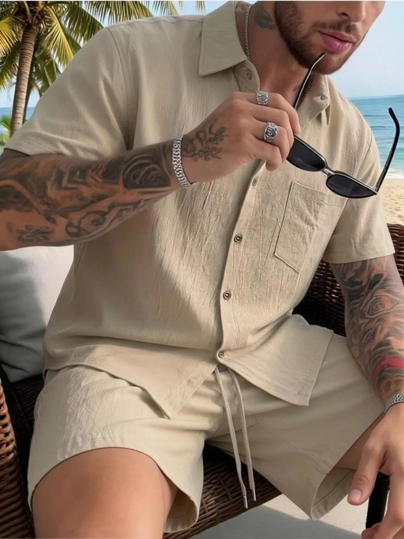 Summer Men's Linen Texture Collar Short Sleeve 2 Piece Outfit, Single Patch Pocket Full Placket Shirt + Elastic Drawstring Shorts, Breathable Classic Casual Beach Tracksuit