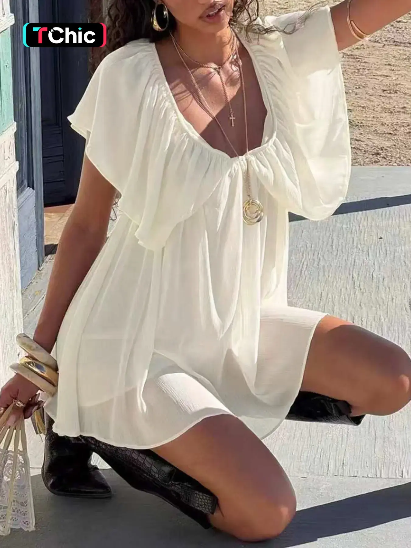 Sexy Deep V Backless Chiffon Dress Lightweight Elegant Daily Wear Women Ruffles Club Party Solid Mini Dress