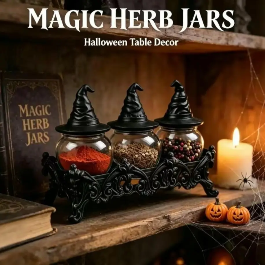 Viral Gothic Witch Hat Spice Jar Set of 3 with Display Stand, Food Grade Airtight Glass Apothecary Seasoning Containers for Salt Pepper Herbs Spices Bath Salts, Spooky Halloween Kitchen Decor Witchy Home Bathroom Decor, Unique Housewarming Christmas Gift
