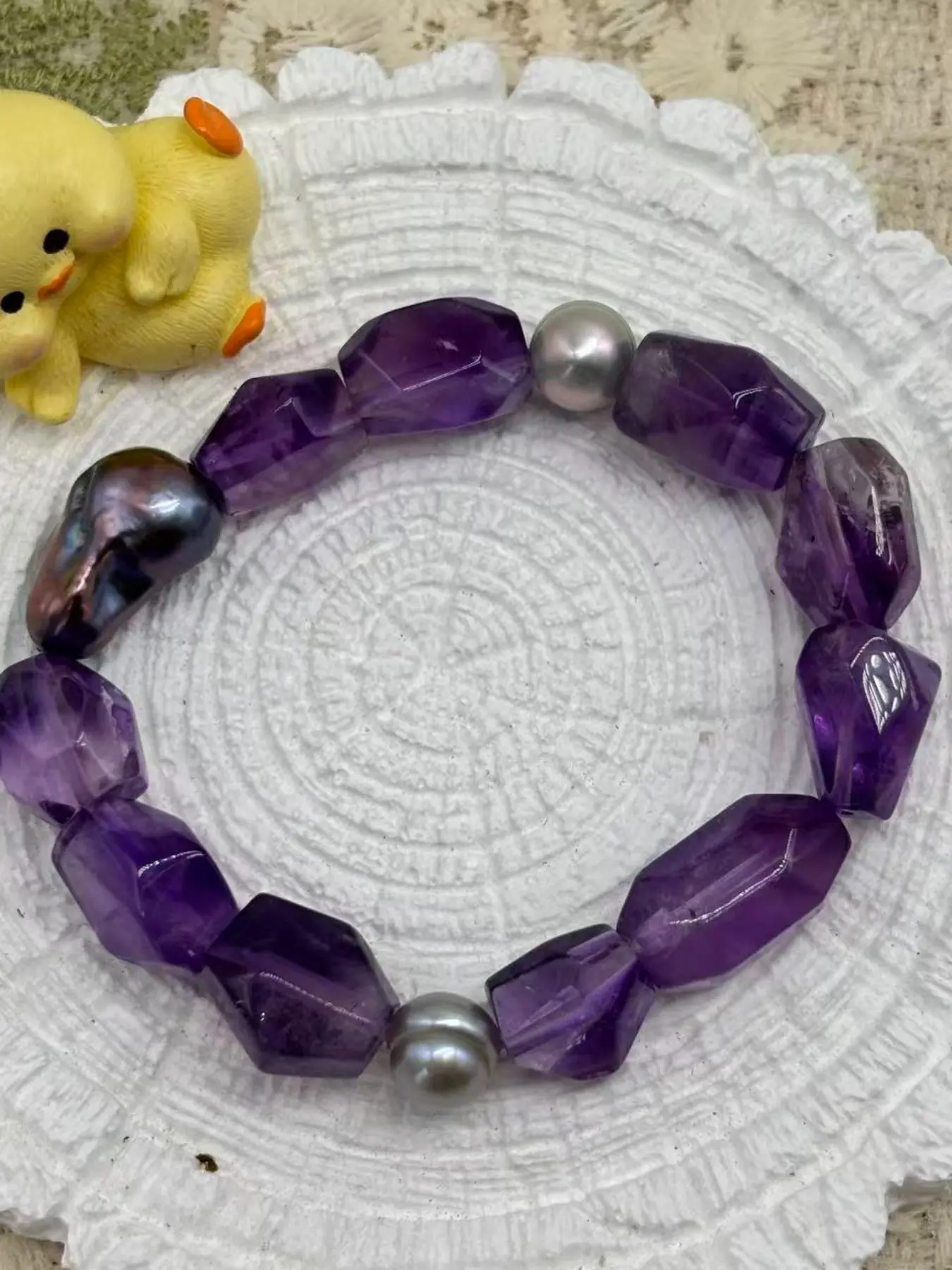Natural Freshwater Pearl Bracelet, Peacock Baroque, with Amethyst, Protects Career and Studies, Fashionable and Elegant Gift