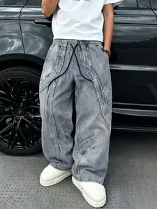 Men's Gothic Style Denim Jeans, Washed Wide Leg Long Pants, High Street Retro Vintage Drawstring Design, Perfect for Daily Commute, City Walk, Friends' Gatherings