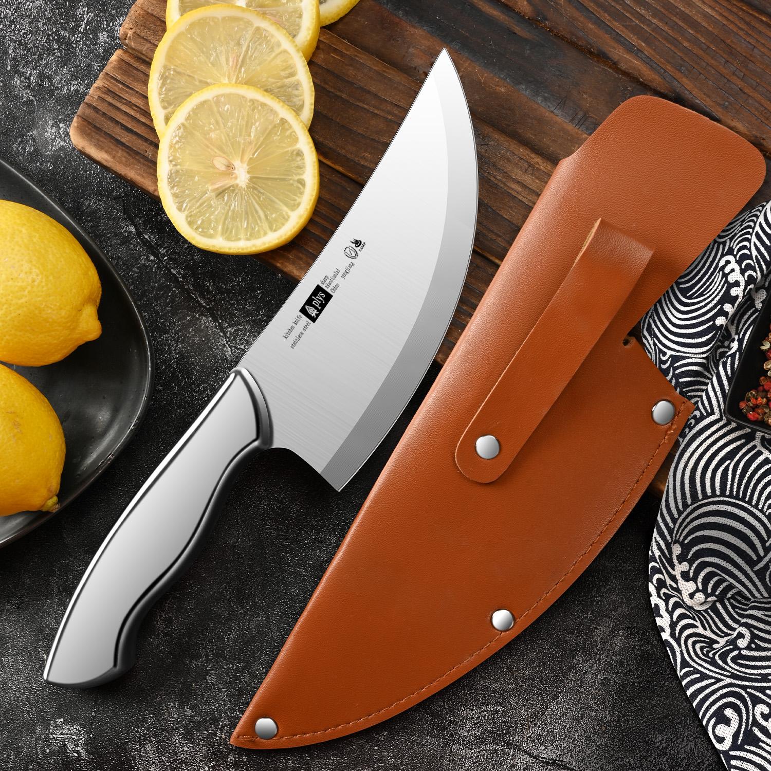 All-Steel Bone Knife with Leather Sheath. Professional Grade Meat Cleaver with Comfortable Grip for Outdoor Barbecue and Home Kitchens - Chef Fixed Blade Knives