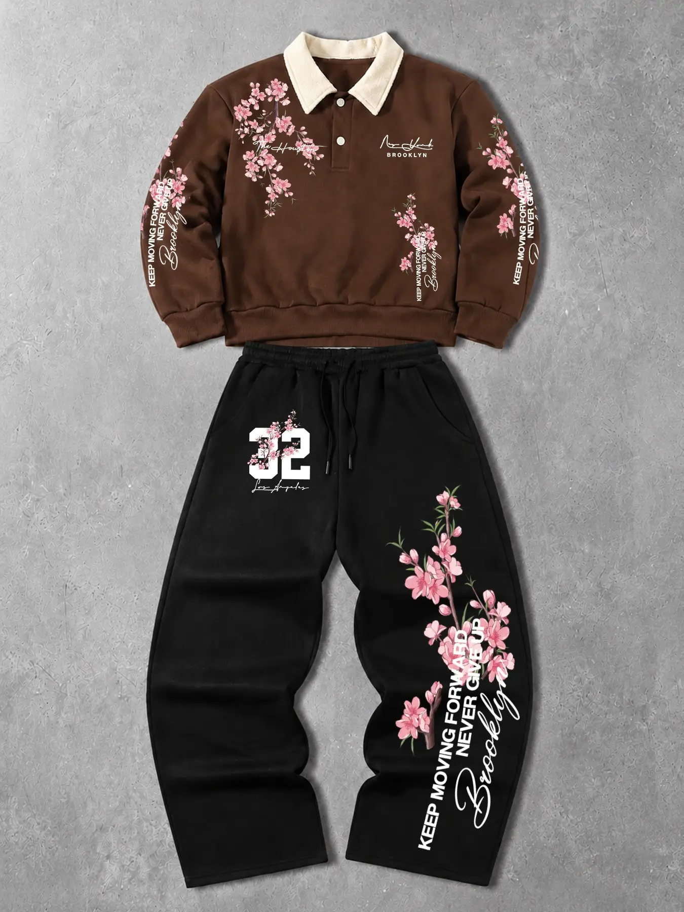 Unisex 2-Piece Tracksuit, Contrast Collar Polo Sweatshirt + Wide-Leg Sweatpants, Cherry Blossom Floral Print Soft Matching Outfit, Vintage Street Style, Ideal for Daily Wear, School, Trips, Casual Hangouts