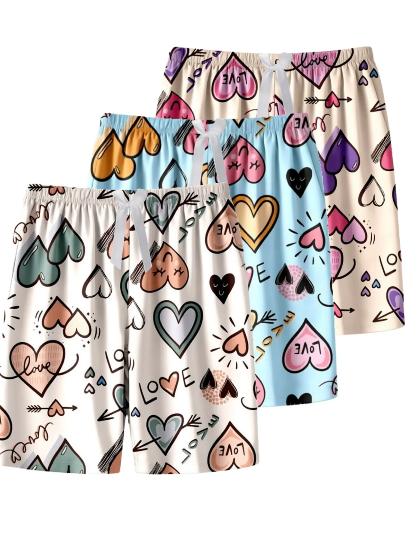 3-Pack Plus Size Heart Print Sleep Pants, Casual Loose-Fitting Summer Homewear, Lightweight Short-Length Pajama Bottoms for Women